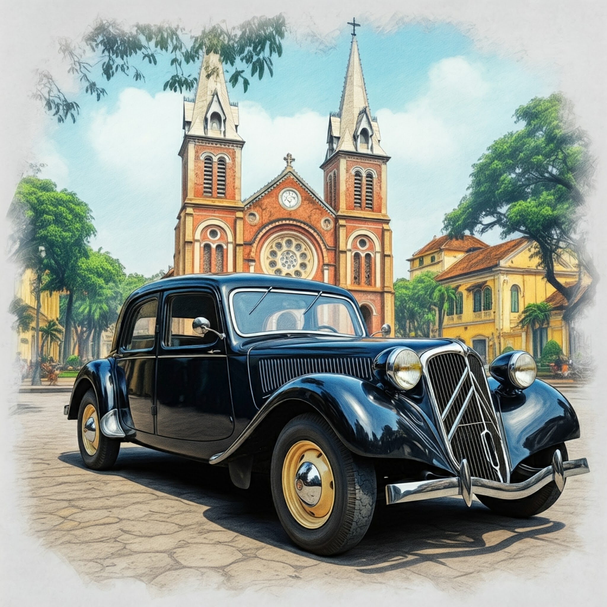 Citroën Traction Avant đậu trước Nhà thờ Đức Bà Sài Gòn thập niên 1940