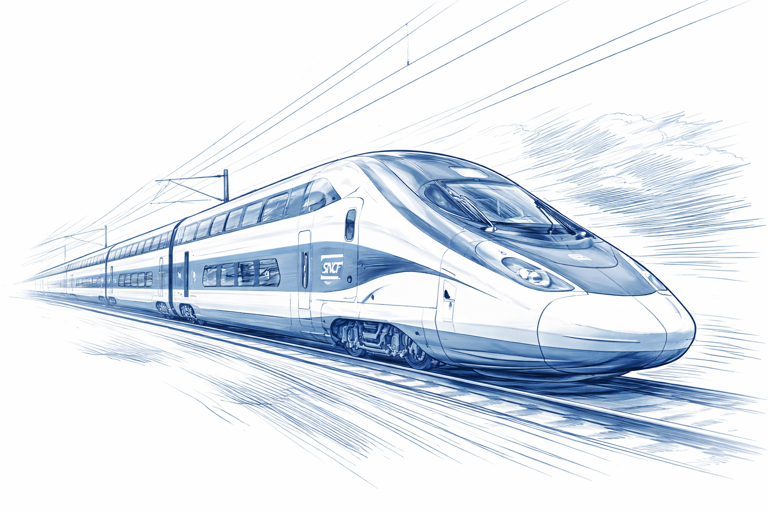 TGV M phong cách phác thảo chì màu đang chạy trên đường ray