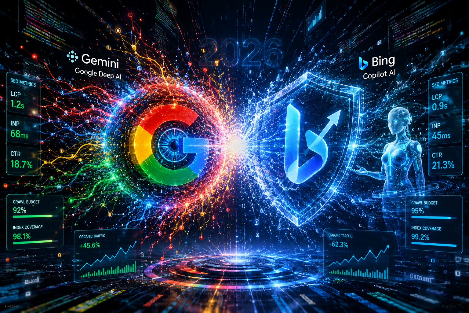 uộc đối đầu giữa Google Gemini và Microsoft Bing Copilot trong kỷ nguyên trí tuệ nhân tạo năm 2026. Minh họa sự cạnh tranh về công nghệ AI, tìm kiếm thông minh, SEO, dữ liệu lớn và tương lai của internet
